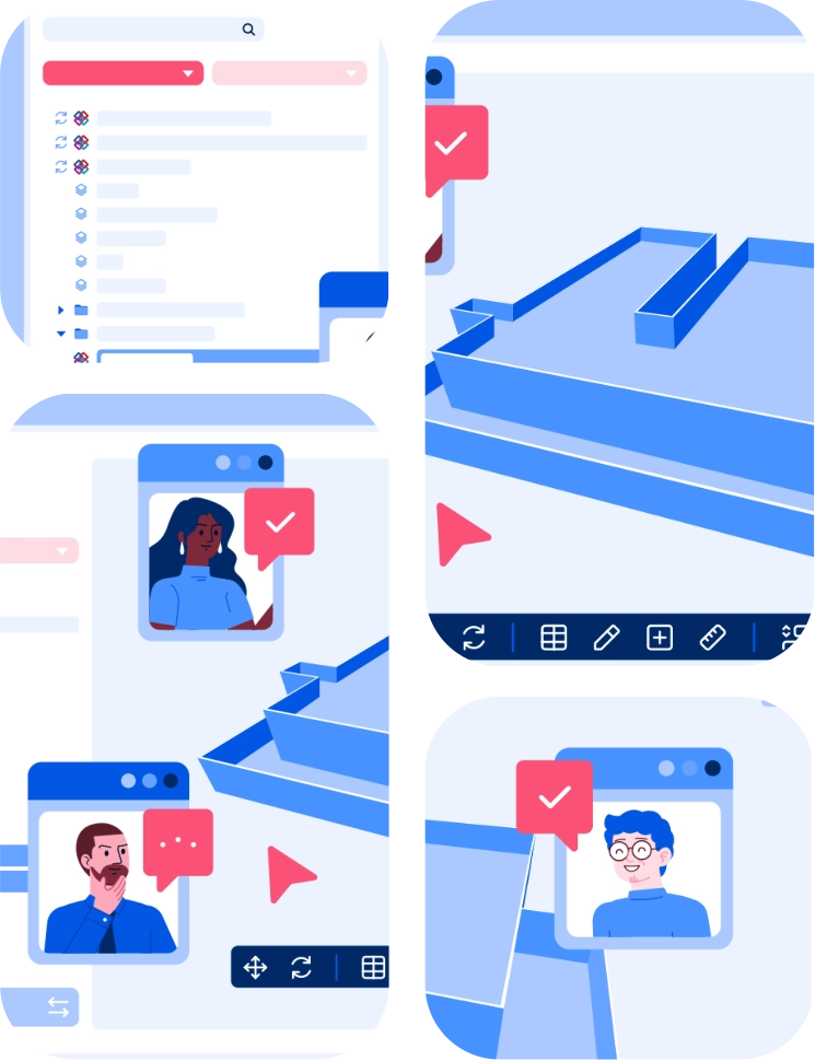 Montage d'images montrant une interface de recherche de fichiers et une maquette 3D avec des fenêtres de discussion de plusieurs utilisateurs, illustrant la collaboration en équipe sur un projet.