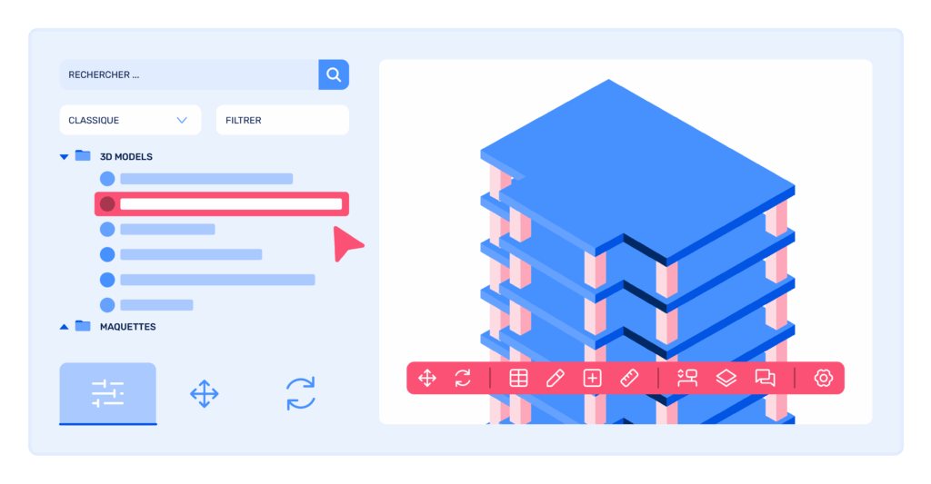 Illustration d'un logiciel de conception affichant une liste de modèles 3D et de maquettes à gauche, et la visualisation d'une structure de bâtiment isométrique à droite.