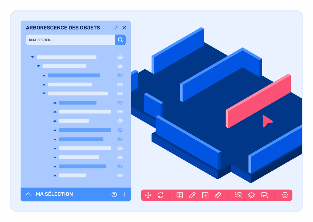 Interface d'un logiciel de conception 3D montrant un plan isométrique à côté d'un panneau "Arborescence des objets" qui liste les différents éléments du modèle.