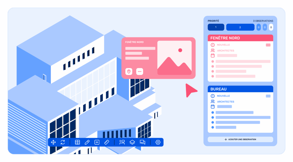 Illustration d'un logiciel de gestion de bâtiment (BIM) avec un modèle 3D isométrique, une barre d'outils et un panneau de gestion des tâches et observations.