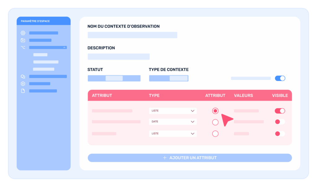 Interface de configuration d'un logiciel montrant les paramètres d'espace et un formulaire pour définir le nom, la description, le statut et les attributs d'un contexte d'observation.