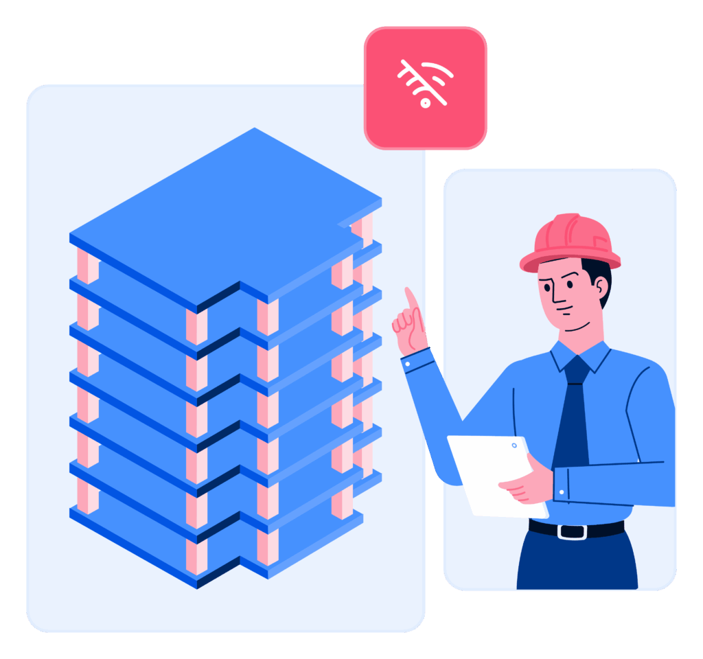 Illustration d'un ingénieur avec un casque de chantier pointant vers une maquette 3D de bâtiment, avec une icône "hors connexion" suggérant un travail sans accès internet.
