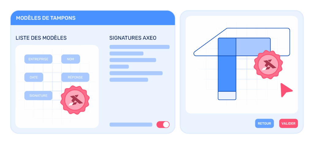 Illustration d'un logiciel de gestion de modèles de tampons, montrant une liste de modèles et un aperçu d'un tampon appliqué sur un document.