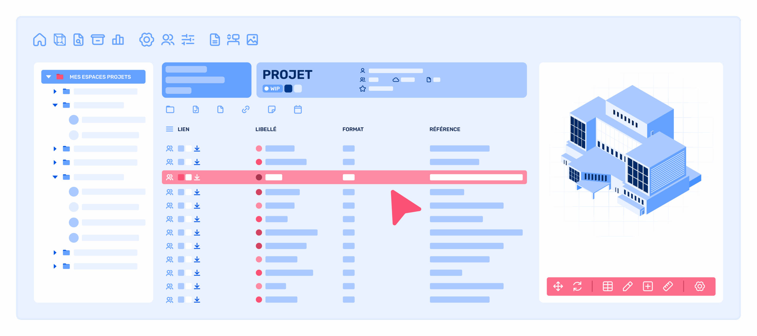 Tableau de bord d'un logiciel de gestion de projet montrant une arborescence de fichiers, une liste de documents avec leurs détails, et une visualisation 3D d'un bâtiment.