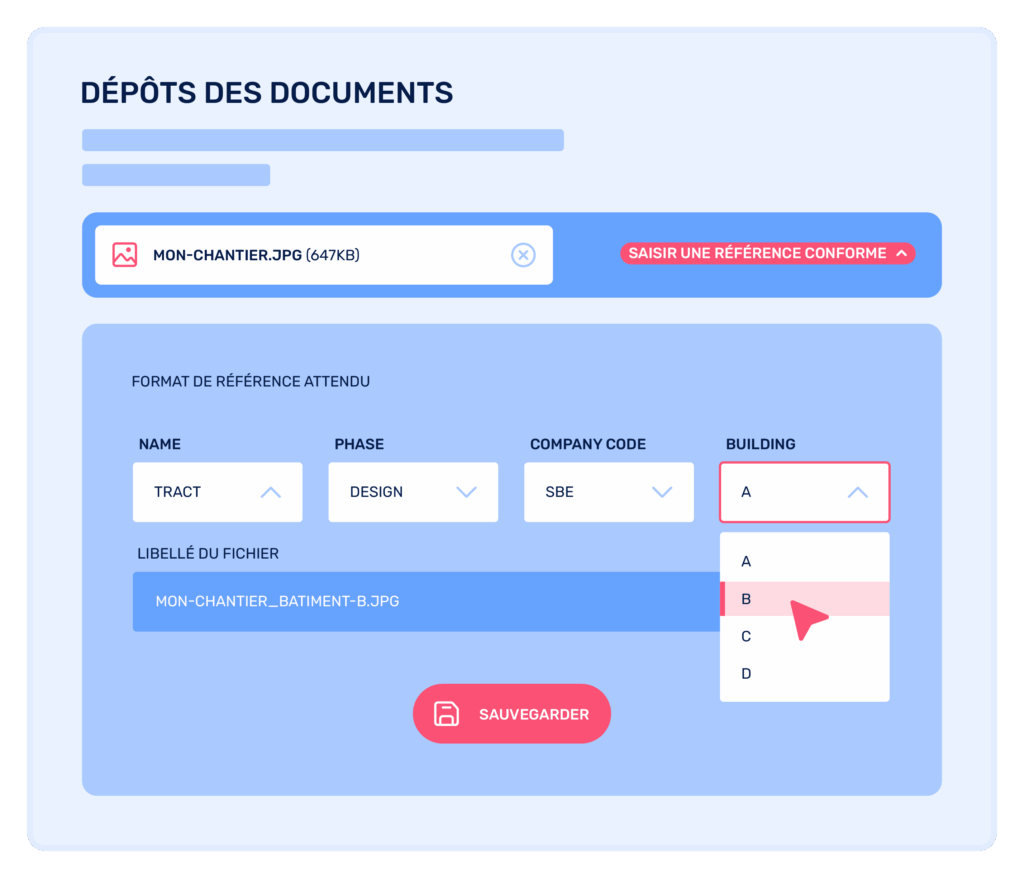 Interface d'un logiciel pour le dépôt de documents, montrant le format de référence attendu avec des menus déroulants pour nommer et classer un fichier avant de le sauvegarder.